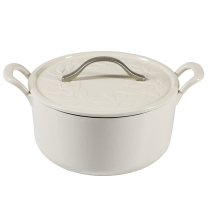 Bloomhouse 7 Qt Cast Iron Dutch Oven W/ Embossed Lid, European Glossy Enamel, & Walnut Wood Trivet