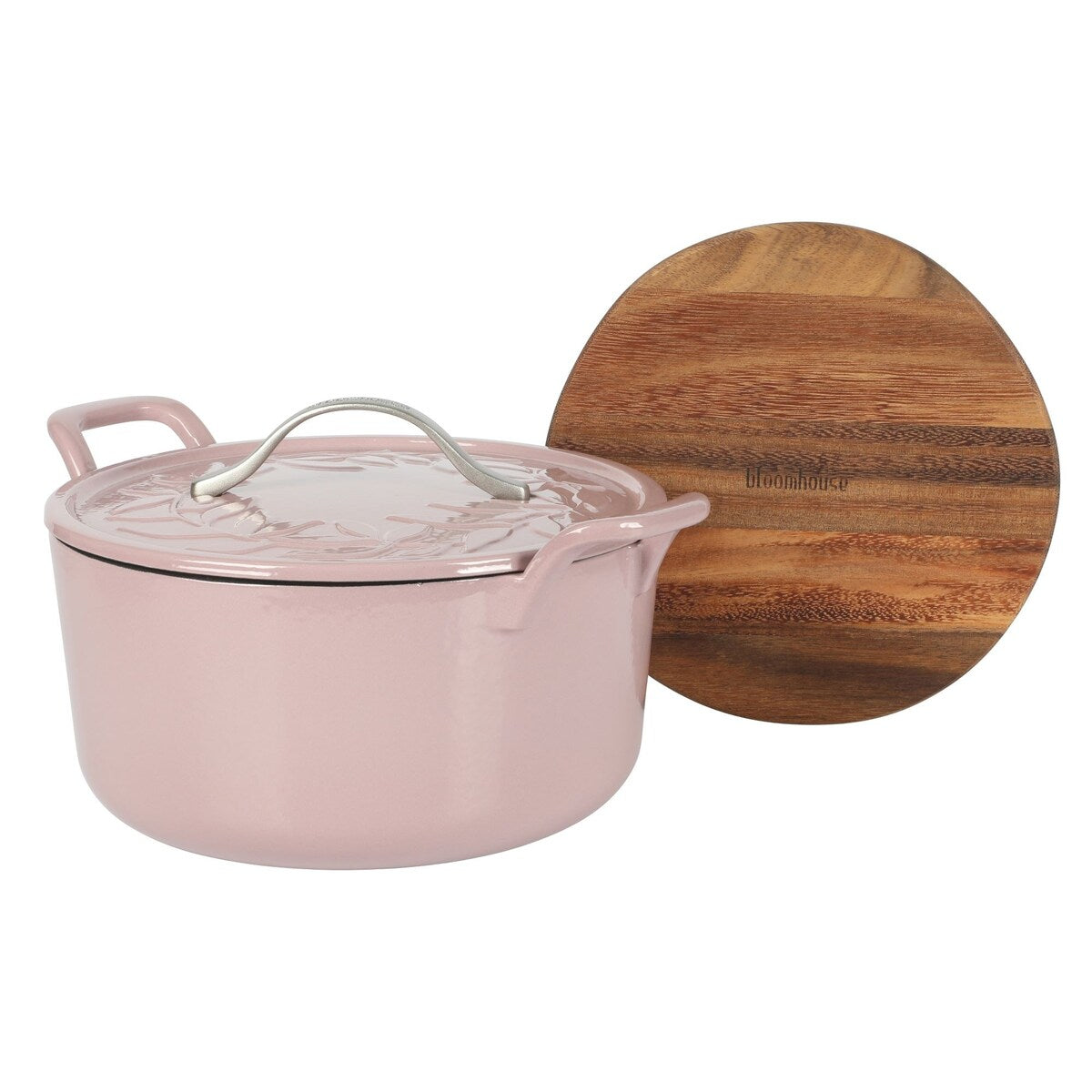 Bloomhouse 7 Qt Cast Iron Dutch Oven W/ Embossed Lid, European Glossy Enamel, & Walnut Wood Trivet