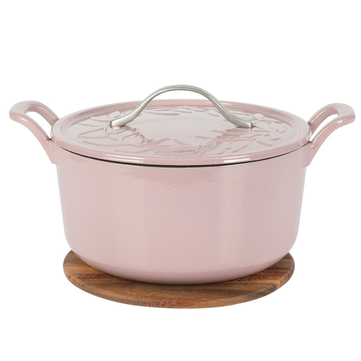 Bloomhouse 7 Qt Cast Iron Dutch Oven W/ Embossed Lid, European Glossy Enamel, & Walnut Wood Trivet