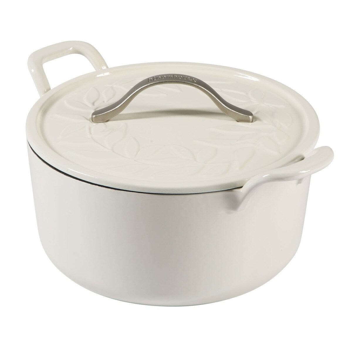 Bloomhouse 7 Qt Cast Iron Dutch Oven W/ Embossed Lid, European Glossy Enamel, & Walnut Wood Trivet