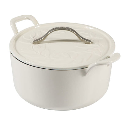Bloomhouse 7 Qt Cast Iron Dutch Oven W/ Embossed Lid, European Glossy Enamel, & Walnut Wood Trivet
