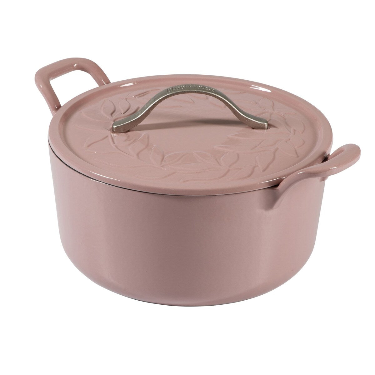 Bloomhouse 7 Qt Cast Iron Dutch Oven W/ Embossed Lid, European Glossy Enamel, & Walnut Wood Trivet