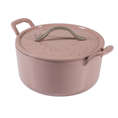 Bloomhouse 7 Qt Cast Iron Dutch Oven W/ Embossed Lid, European Glossy Enamel, & Walnut Wood Trivet