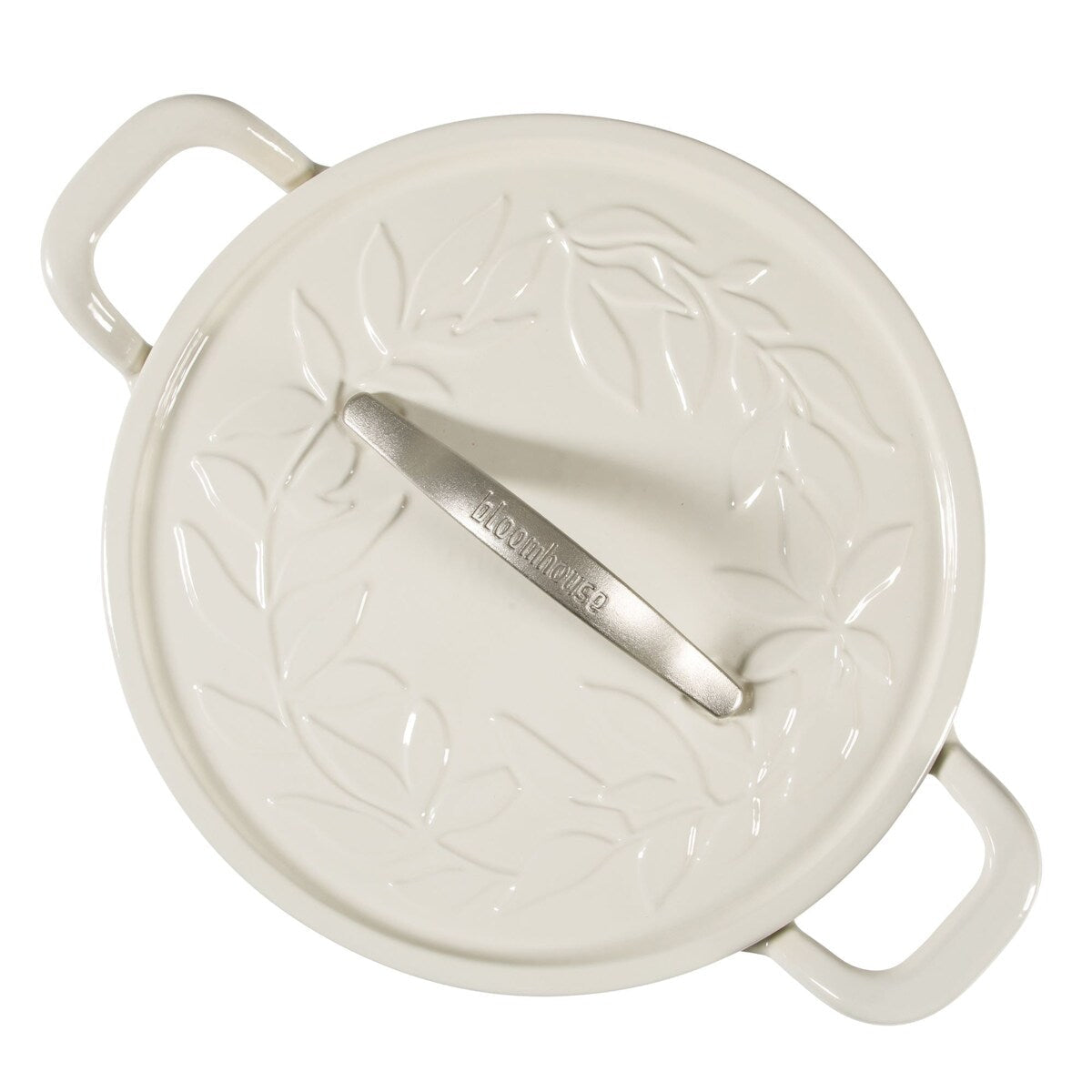 Bloomhouse 7 Qt Cast Iron Dutch Oven W/ Embossed Lid, European Glossy Enamel, & Walnut Wood Trivet