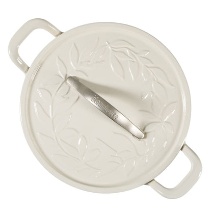 Bloomhouse 7 Qt Cast Iron Dutch Oven W/ Embossed Lid, European Glossy Enamel, & Walnut Wood Trivet