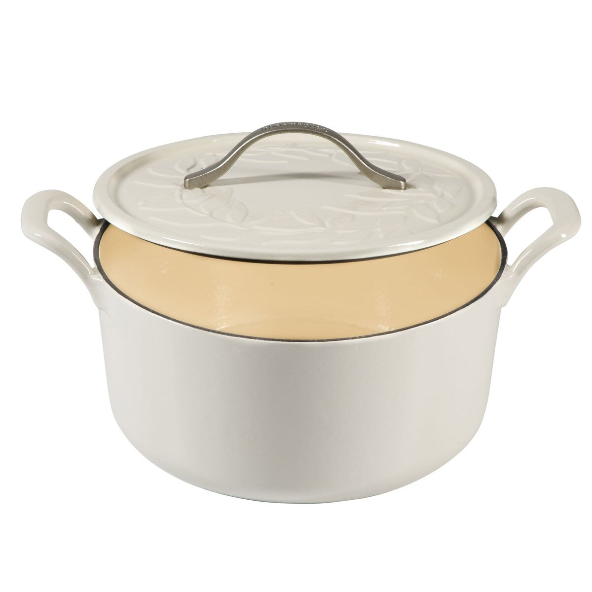 Bloomhouse 7 Qt Cast Iron Dutch Oven W/ Embossed Lid, European Glossy Enamel, & Walnut Wood Trivet