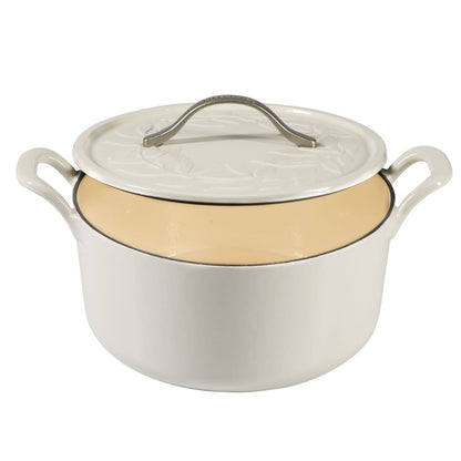 Bloomhouse 7 Qt Cast Iron Dutch Oven W/ Embossed Lid, European Glossy Enamel, & Walnut Wood Trivet