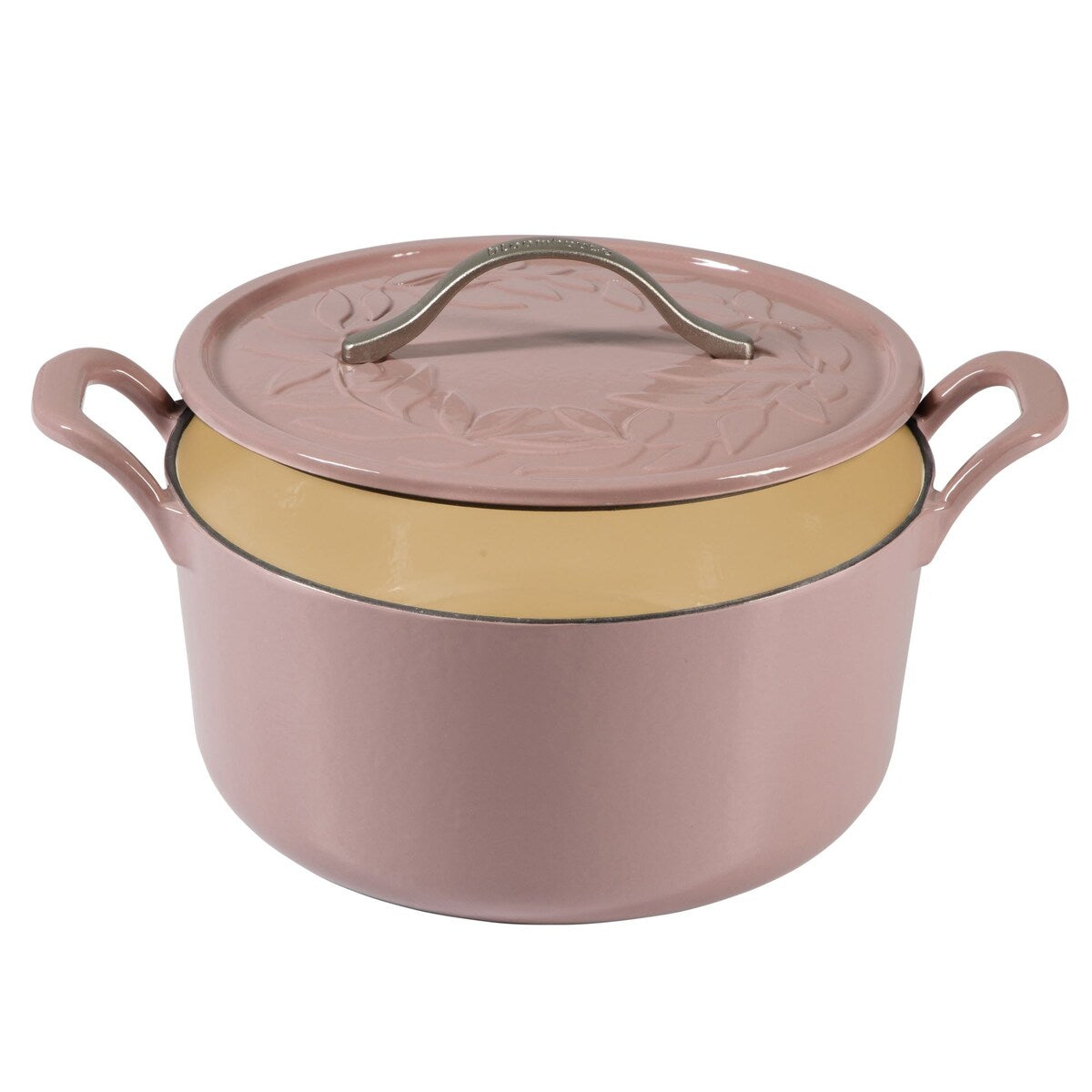 Bloomhouse 7 Qt Cast Iron Dutch Oven W/ Embossed Lid, European Glossy Enamel, & Walnut Wood Trivet