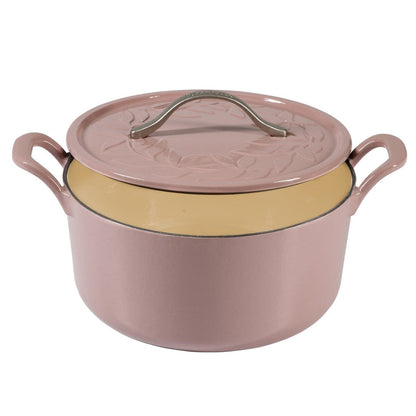 Bloomhouse 7 Qt Cast Iron Dutch Oven W/ Embossed Lid, European Glossy Enamel, & Walnut Wood Trivet