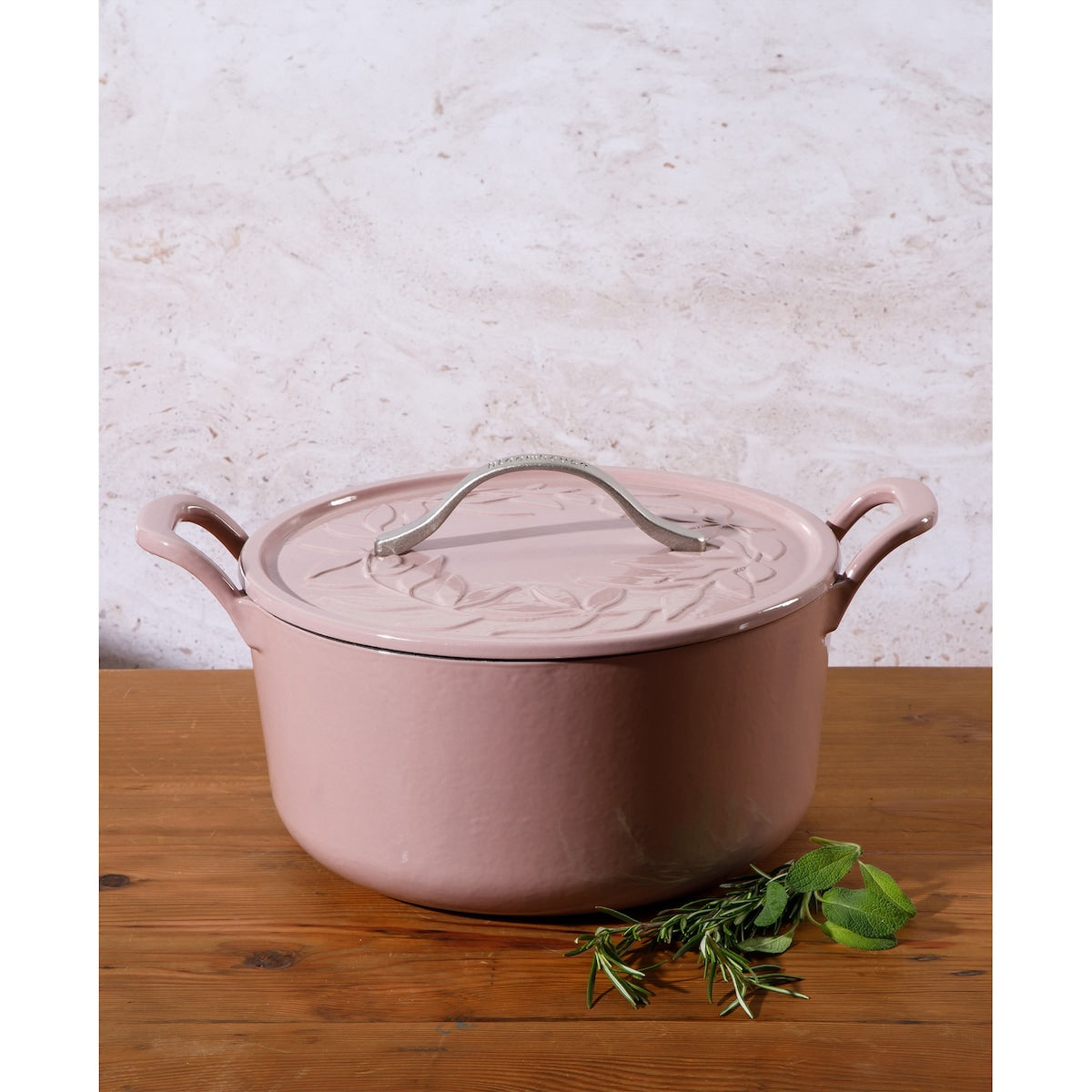 Bloomhouse 7 Qt Cast Iron Dutch Oven W/ Embossed Lid, European Glossy Enamel, & Walnut Wood Trivet