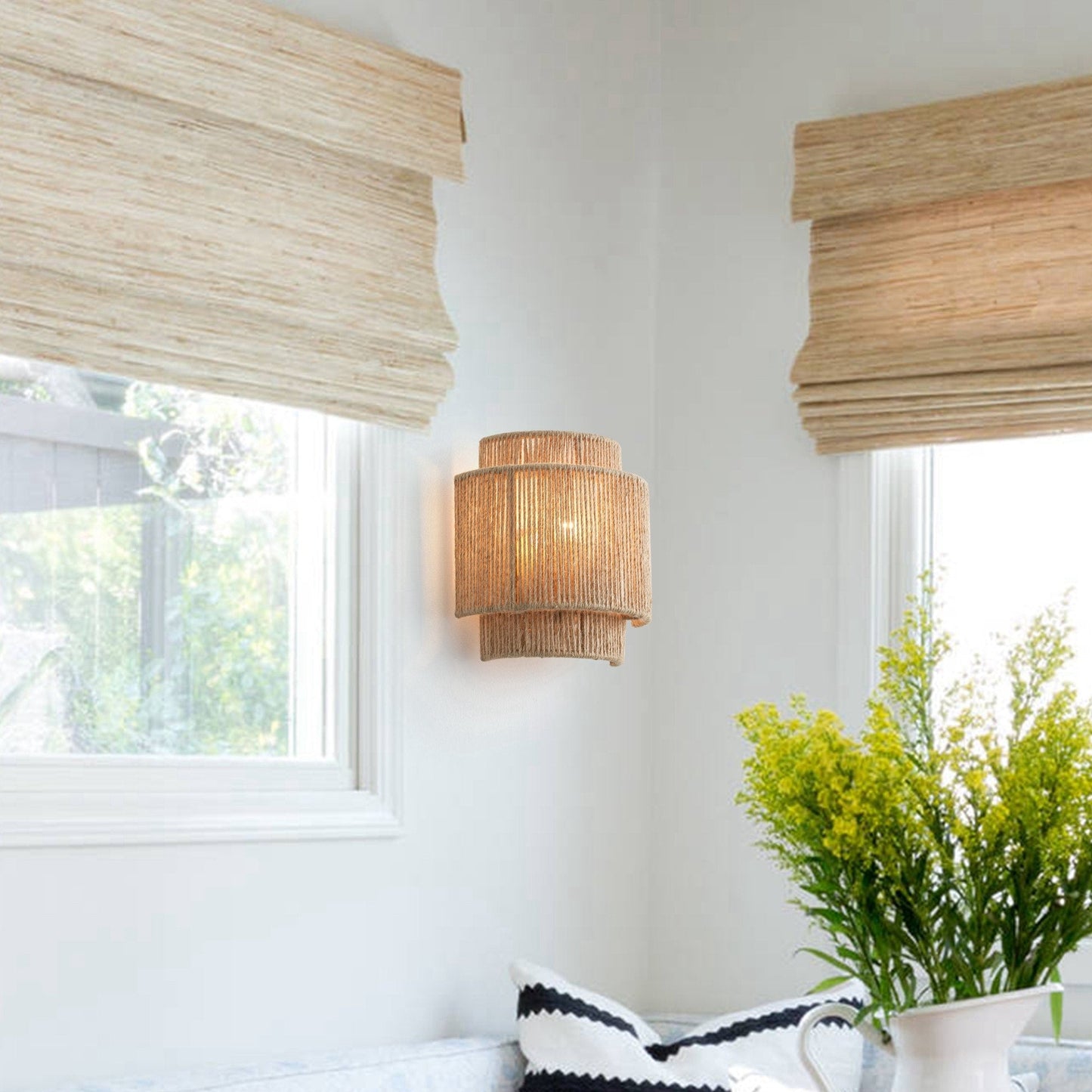 Bohemian Hand-Woven Hemp Rope 1-Light Dimmable Wall Sconce Fixture