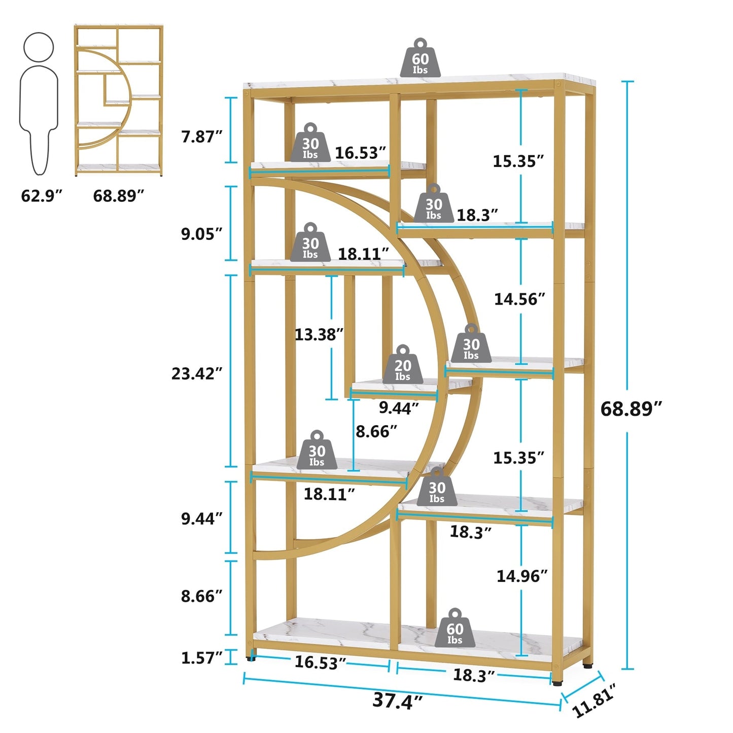 Bookshelf 5 Shelf Industrial Etagere Bookcase for Bedroom, Living Room, Home Office