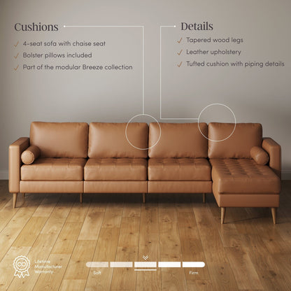 Breeze Mid Century Modern Sofa, Leather Couch with Tufted Cushion and Solid Wood Frame