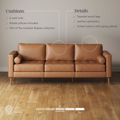 Breeze Mid Century Modern Sofa, Leather Couch with Tufted Cushion and Solid Wood Frame