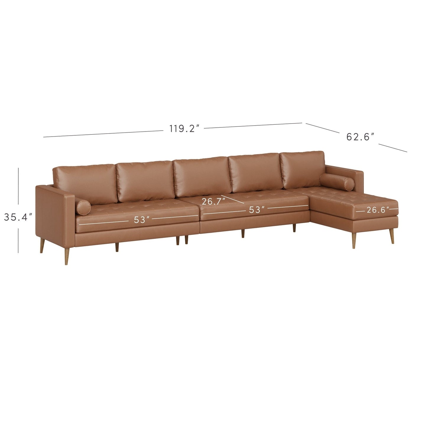 Breeze Mid Century Modern Sofa, Leather Couch with Tufted Cushion and Solid Wood Frame