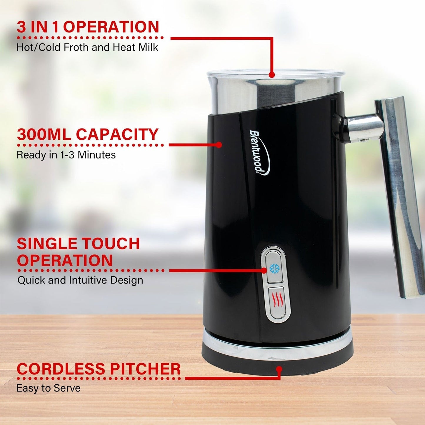 Brentwood GA-301BK 300ml (10oz) Cordless Electric Milk Frother & Warmer, Black