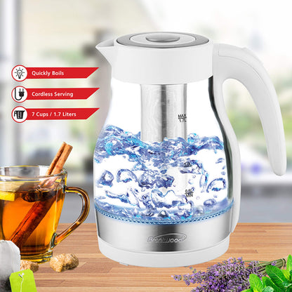 Brentwood Glass 1.7 Liter Electric Kettle with Tea Infuser in White - 1.7 Liter