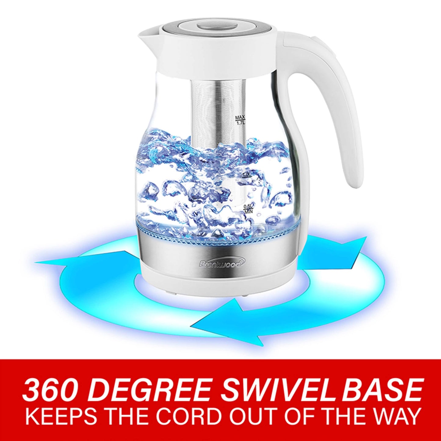 Brentwood Glass 1.7 Liter Electric Kettle with Tea Infuser in White - 1.7 Liter