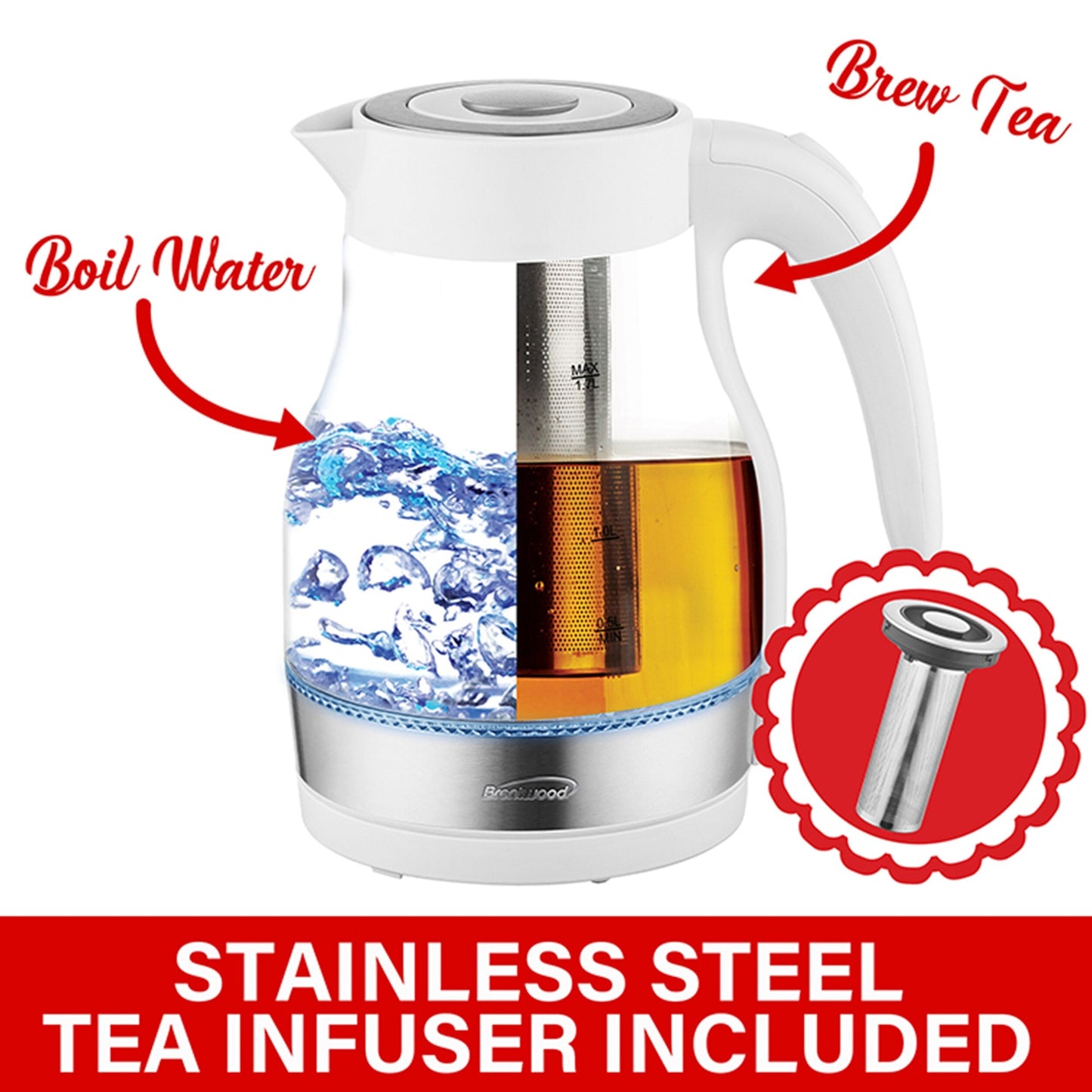 Brentwood Glass 1.7 Liter Electric Kettle with Tea Infuser in White - 1.7 Liter