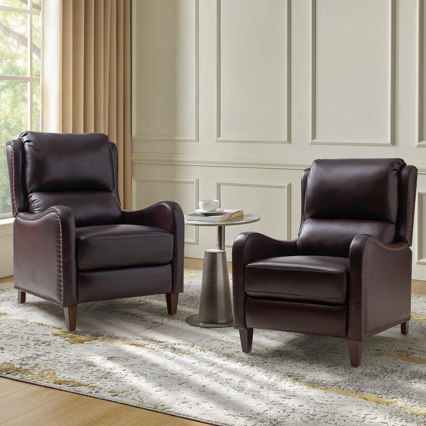 Brigida Modern Genuine Leather Nailhead Trim Recliner with Adjustable Footrest Set of 2 by HULALA HOME
