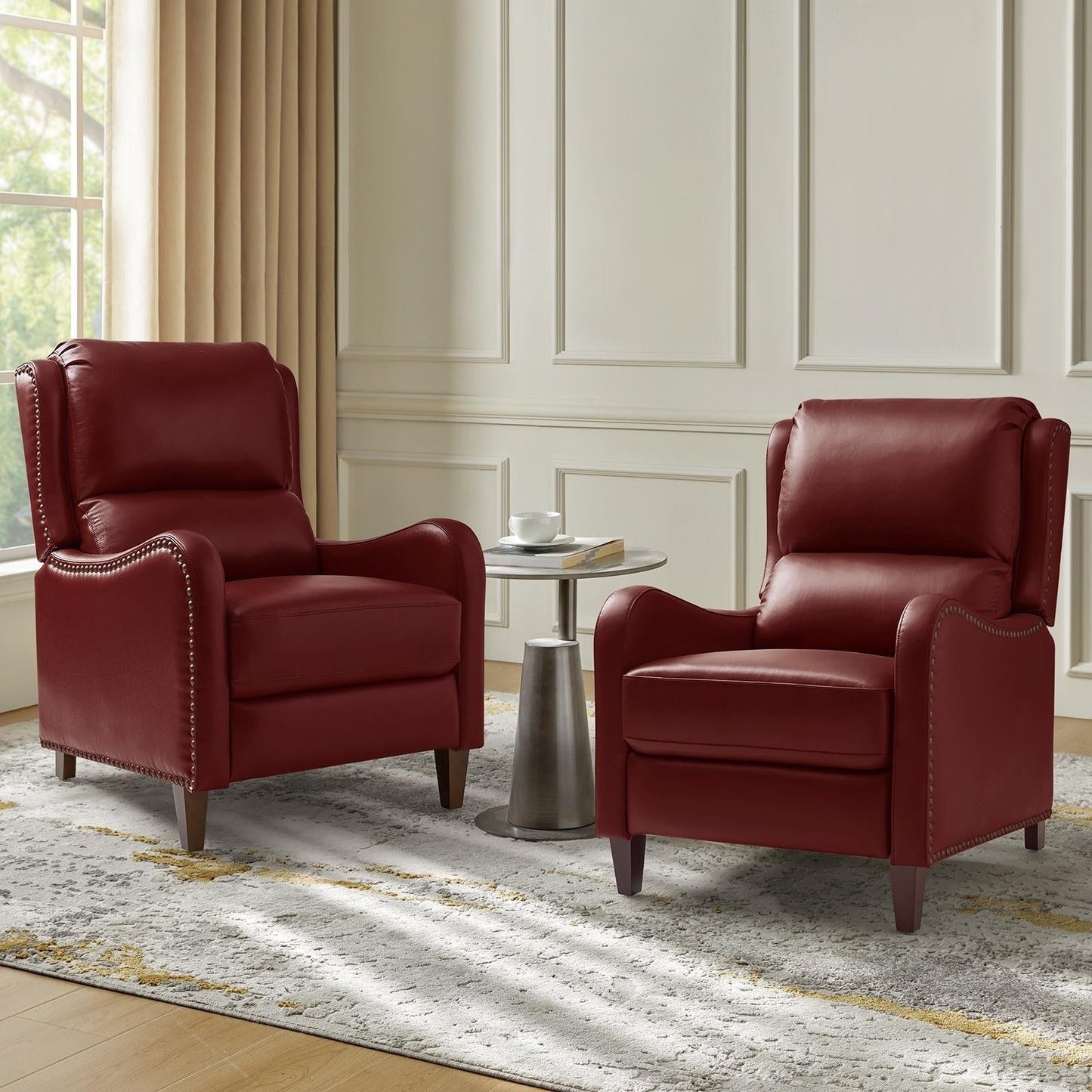 Brigida Modern Genuine Leather Nailhead Trim Recliner with Adjustable Footrest Set of 2 by HULALA HOME
