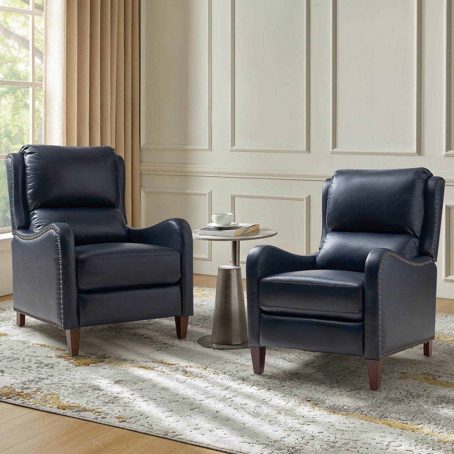 Brigida Modern Genuine Leather Nailhead Trim Recliner with Adjustable Footrest Set of 2 by HULALA HOME