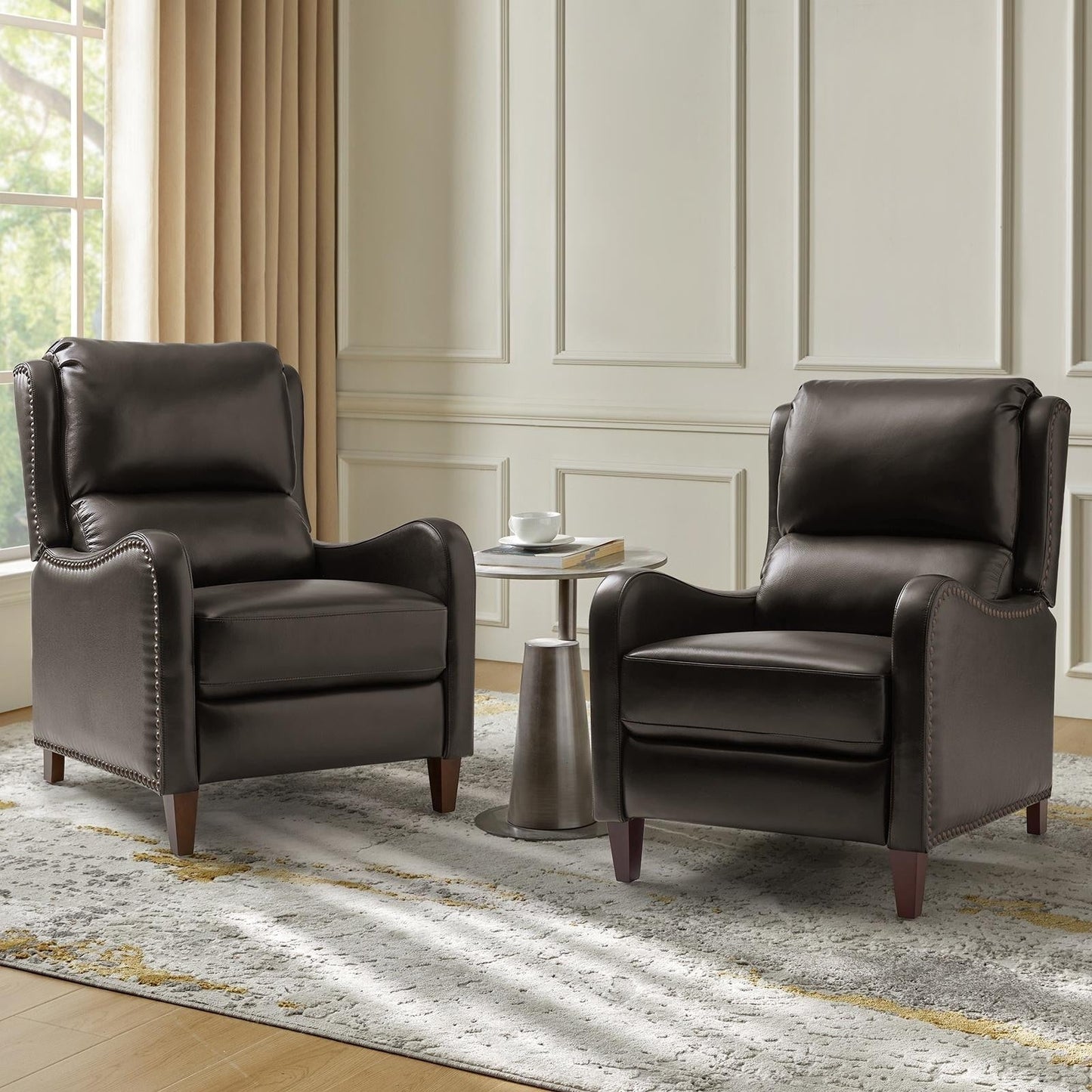 Brigida Modern Genuine Leather Nailhead Trim Recliner with Adjustable Footrest Set of 2 by HULALA HOME