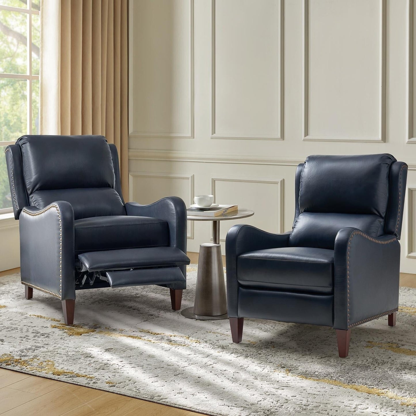 Brigida Modern Genuine Leather Nailhead Trim Recliner with Adjustable Footrest Set of 2 by HULALA HOME
