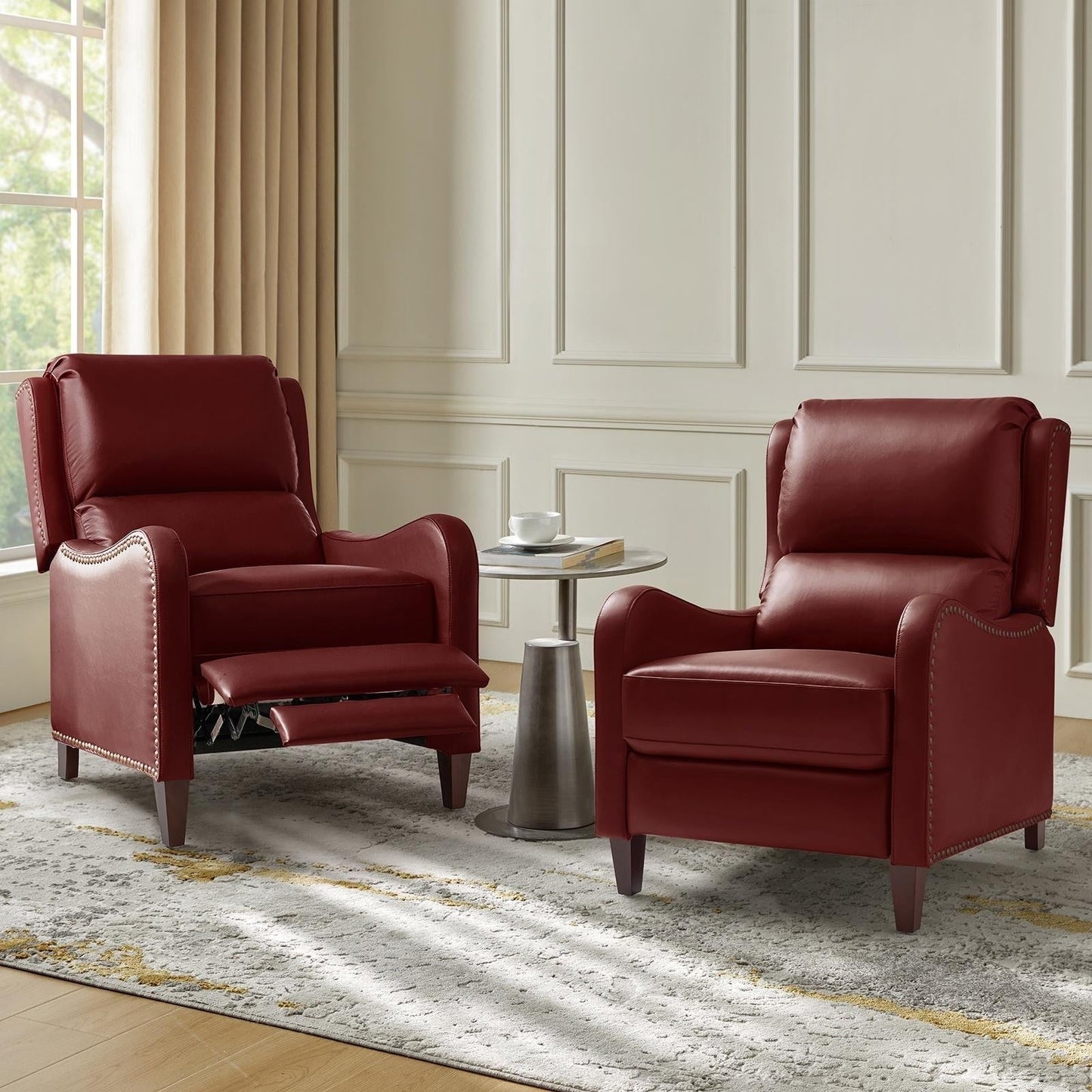 Brigida Modern Genuine Leather Nailhead Trim Recliner with Adjustable Footrest Set of 2 by HULALA HOME