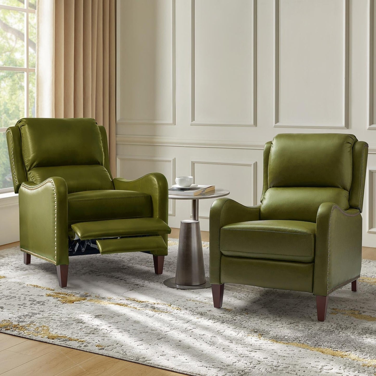 Brigida Modern Genuine Leather Nailhead Trim Recliner with Adjustable Footrest Set of 2 by HULALA HOME