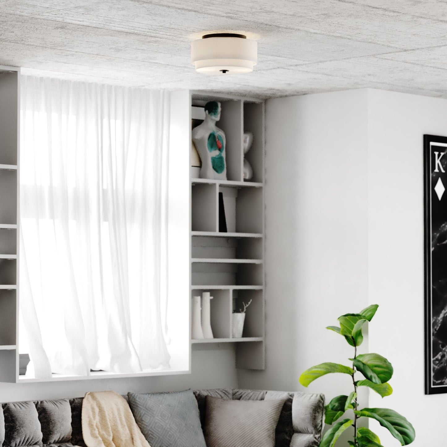 Burnaby Mid-Century Modern Ceiling Mount Light White Linen Drum Shade