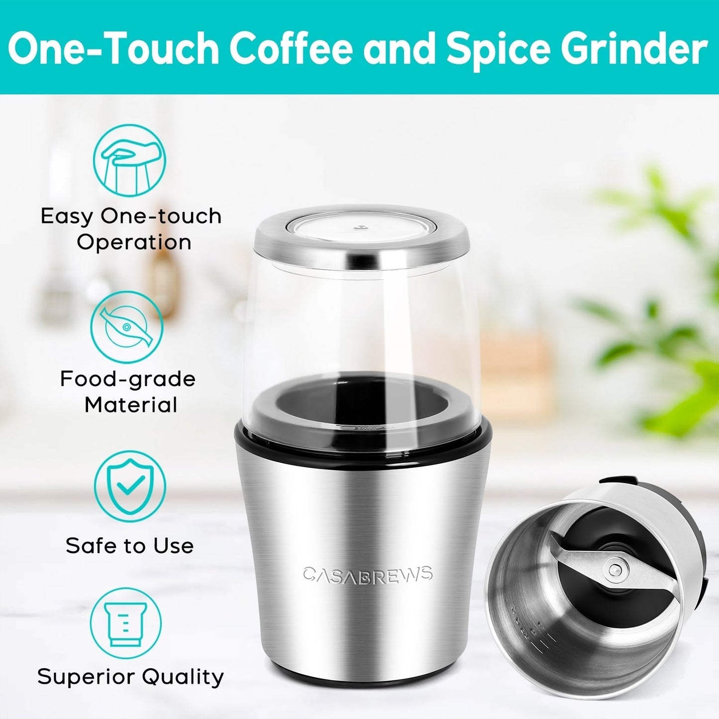CASABREWS KWG130 Electric Coffee Grinder One Touch Operation, Silver - N/A