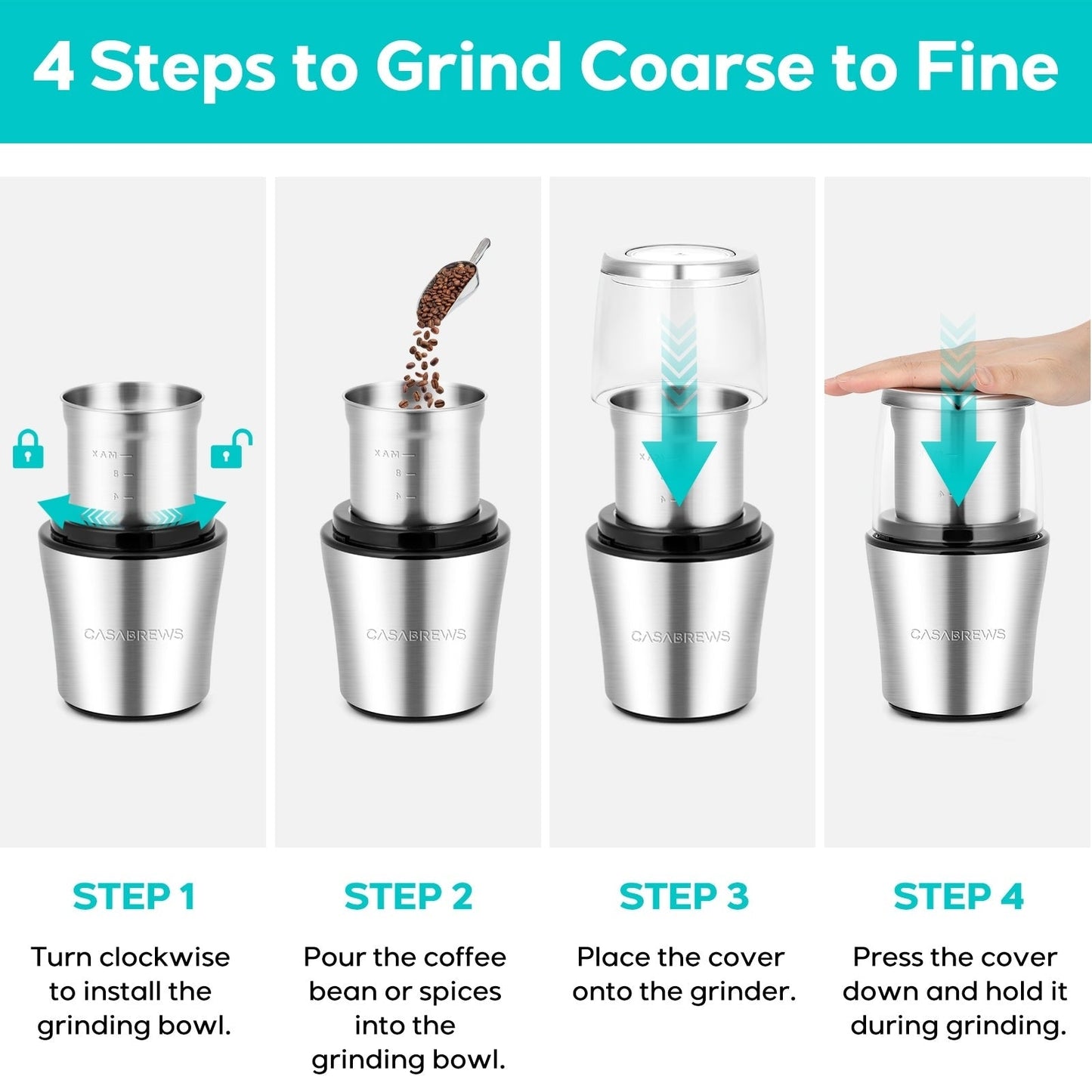 CASABREWS KWG130 Electric Coffee Grinder One Touch Operation, Silver - N/A