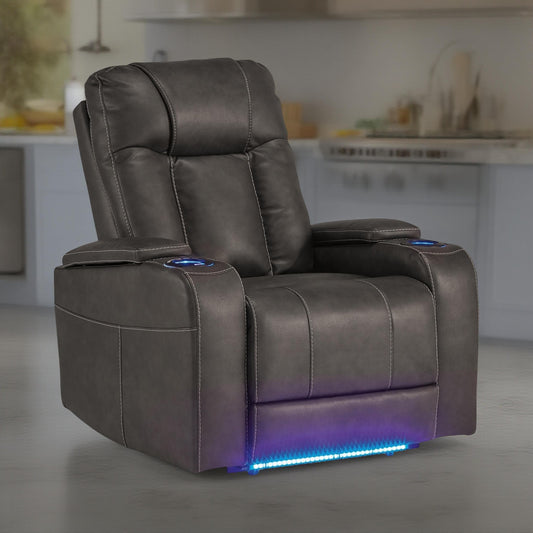 Callum Power Recliner Chair, Adjustable Headrest, Gray Faux Leather