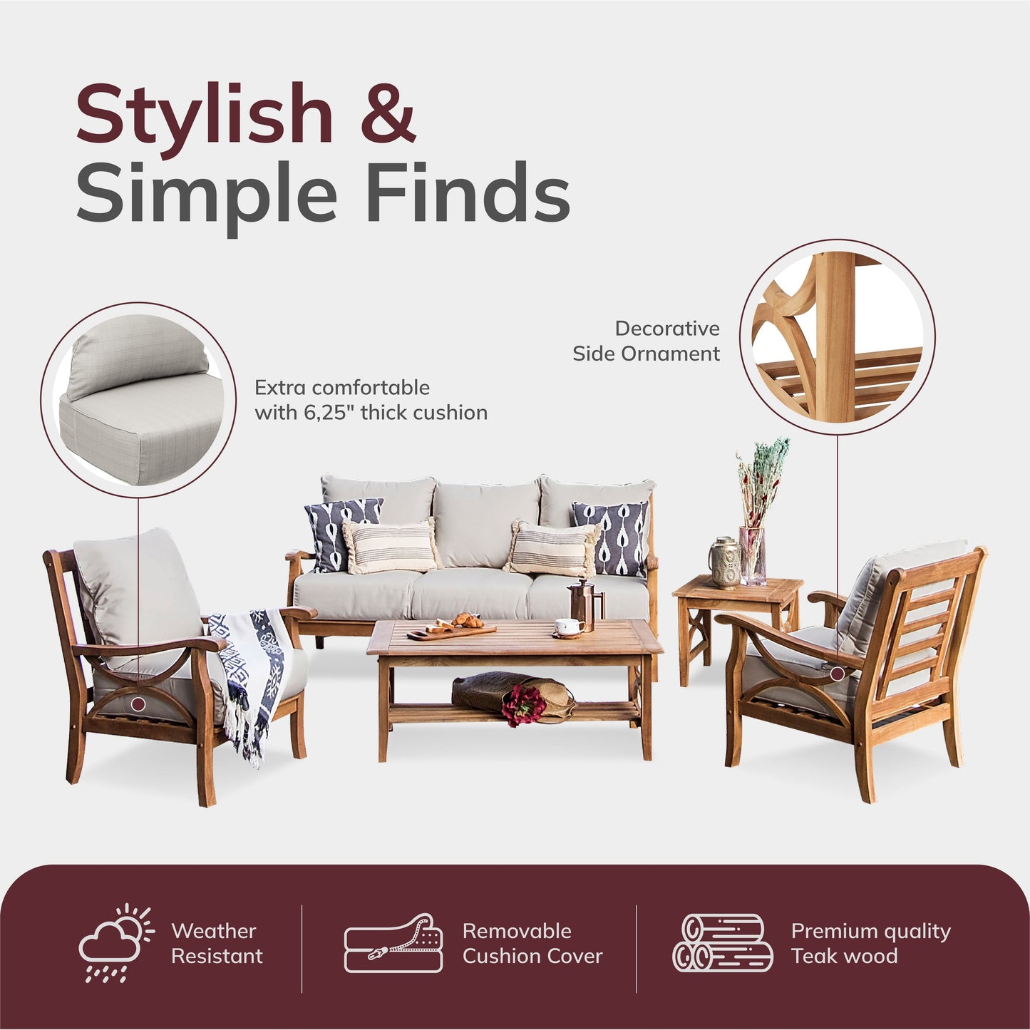 Cambridge Casual Lowell 5-piece Teak Wood Outdoor Conversation Set