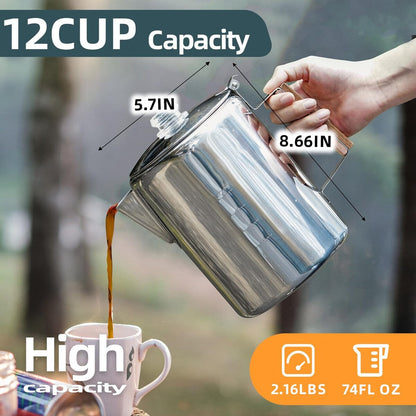Camping Percolator Coffee Pot 12 Cup Stove Top Coffee Percolator Non Electric Coffee Maker Camping Stainless Steel Coffee