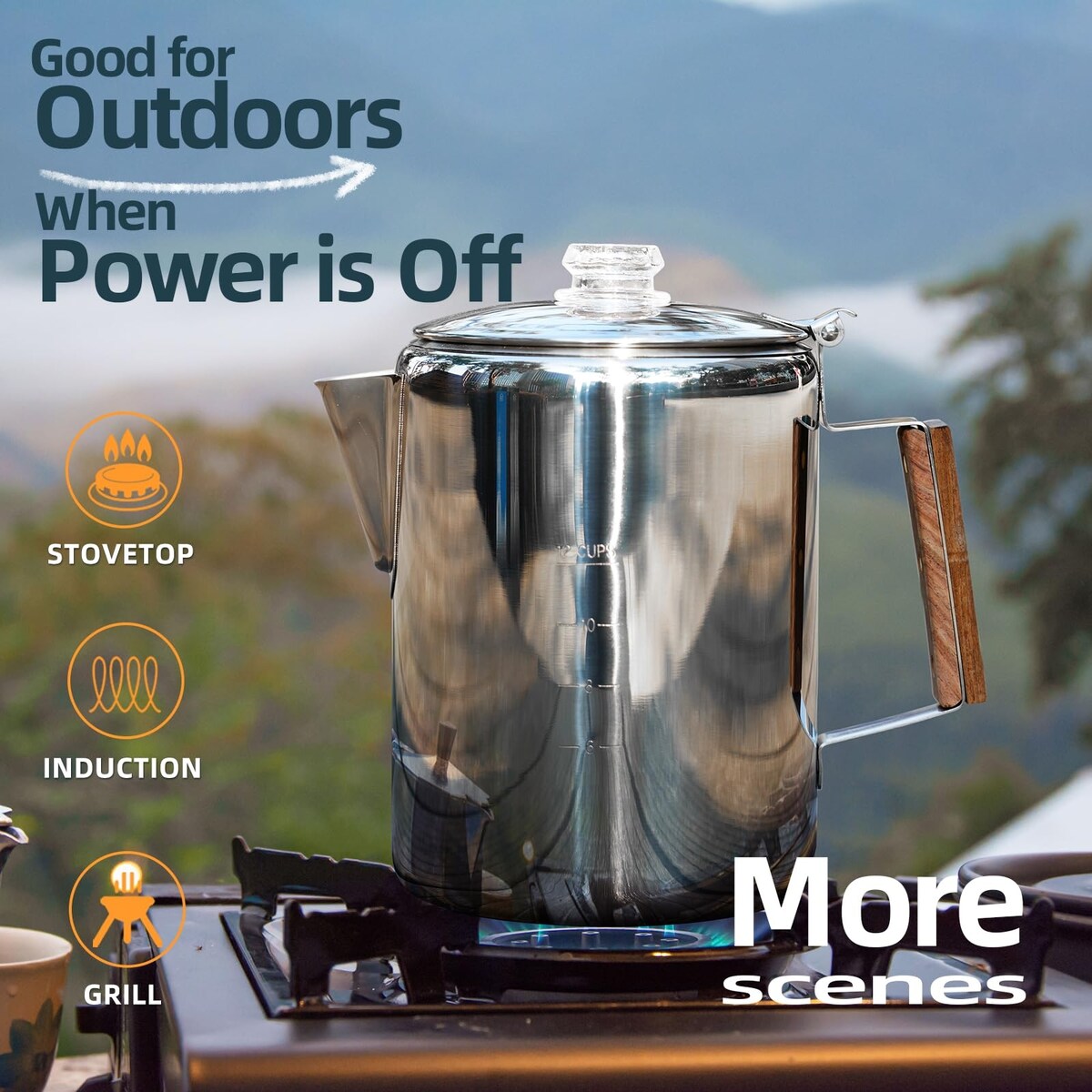 Camping Percolator Coffee Pot 12 Cup Stove Top Coffee Percolator Non Electric Coffee Maker Camping Stainless Steel Coffee