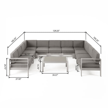 Cape Coral Outdoor 11 Seater Aluminum U-Shaped Sofa Sectional and Table Set by Christopher Knight Home