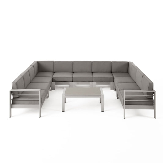 Cape Coral Outdoor 11 Seater Aluminum U-Shaped Sofa Sectional and Table Set by Christopher Knight Home