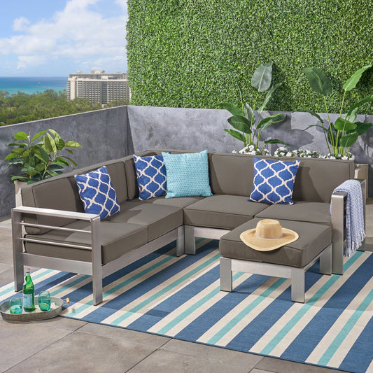 Cape Coral Outdoor 5-Seater V-Shape Aluminum Sectional Sofa Set with Ottoman by Christopher Knight Home