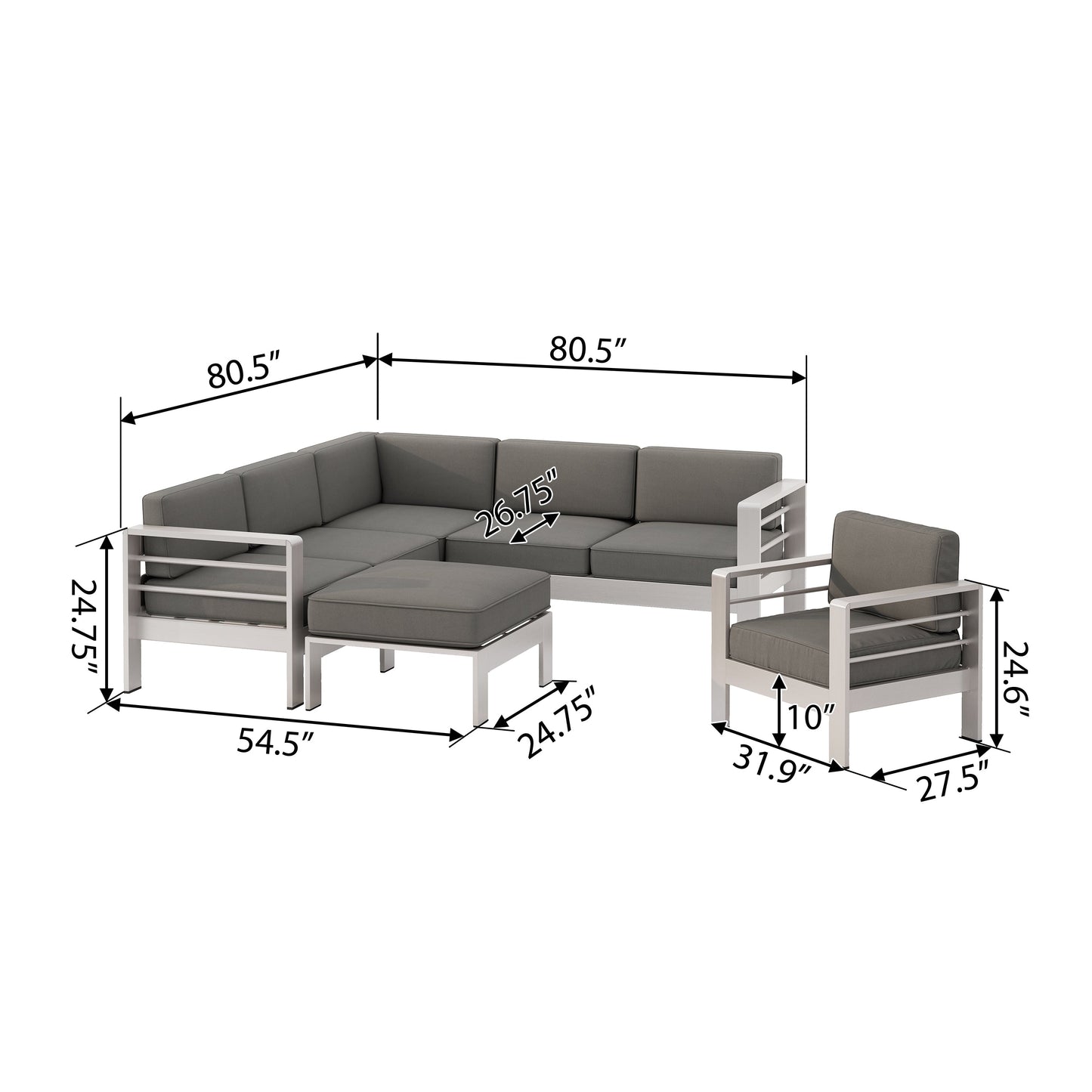 Cape Coral Outdoor 6-Seater V-Shaped Aluminum Sectional Sofa Set with Ottoman by Christopher Knight Home