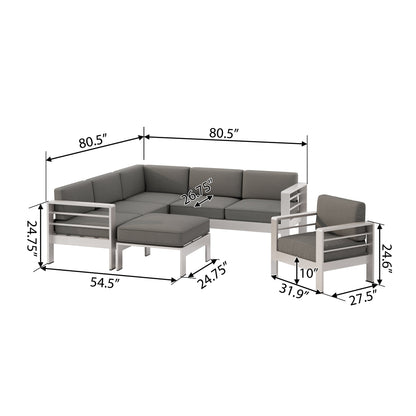 Cape Coral Outdoor 6-Seater V-Shaped Aluminum Sectional Sofa Set with Ottoman by Christopher Knight Home