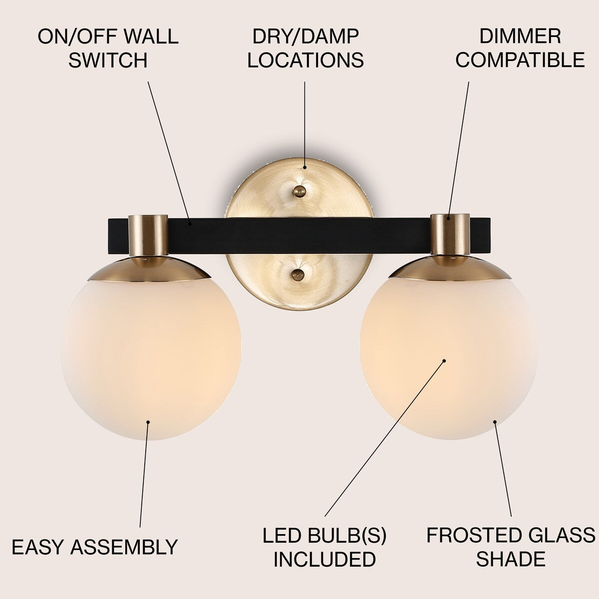Cecil Globe Metal/Frosted Glass Modern Contemporary LED Vanity, by JONATHAN Y