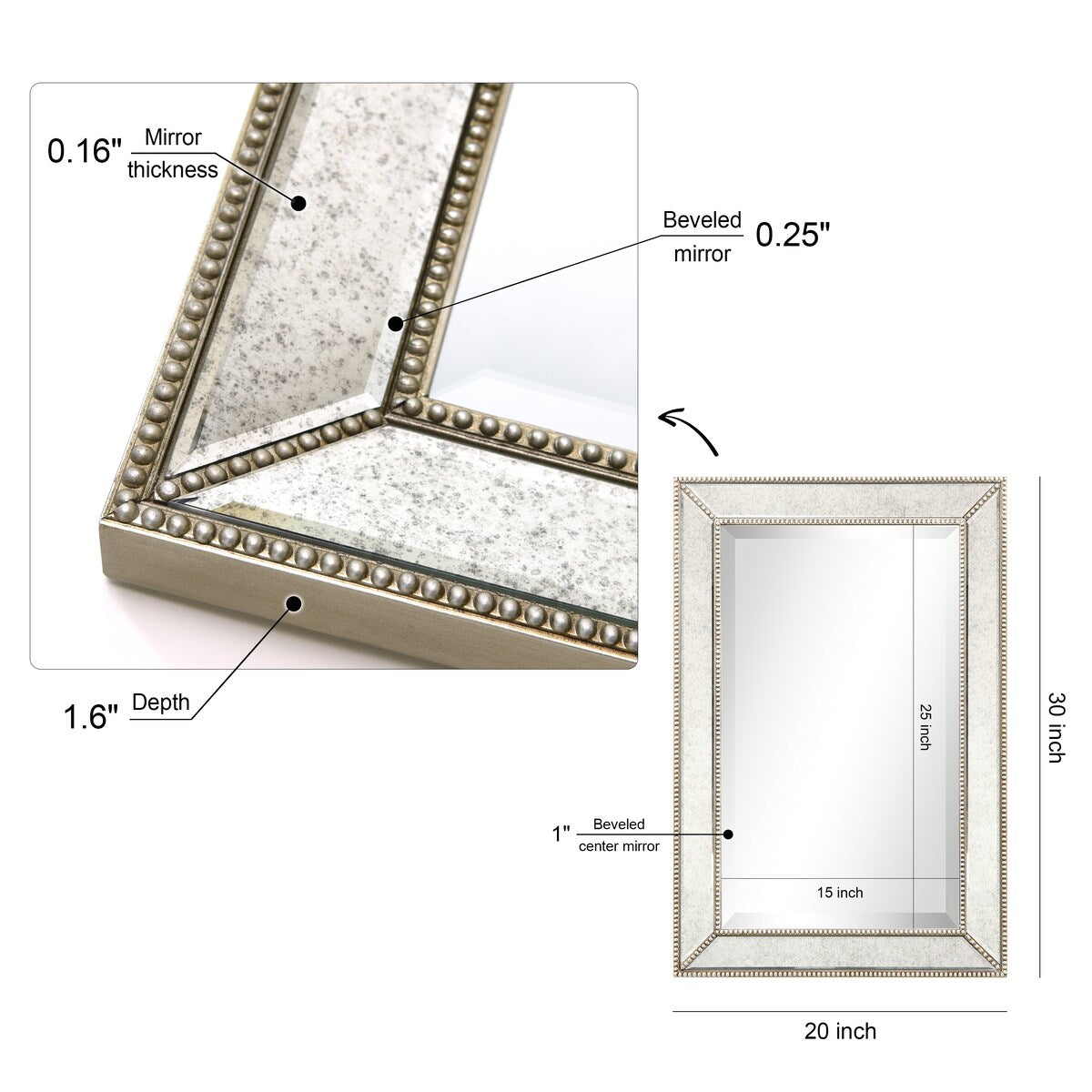 Champagne Bead Beveled Rectangular Wall Mirror - Clear