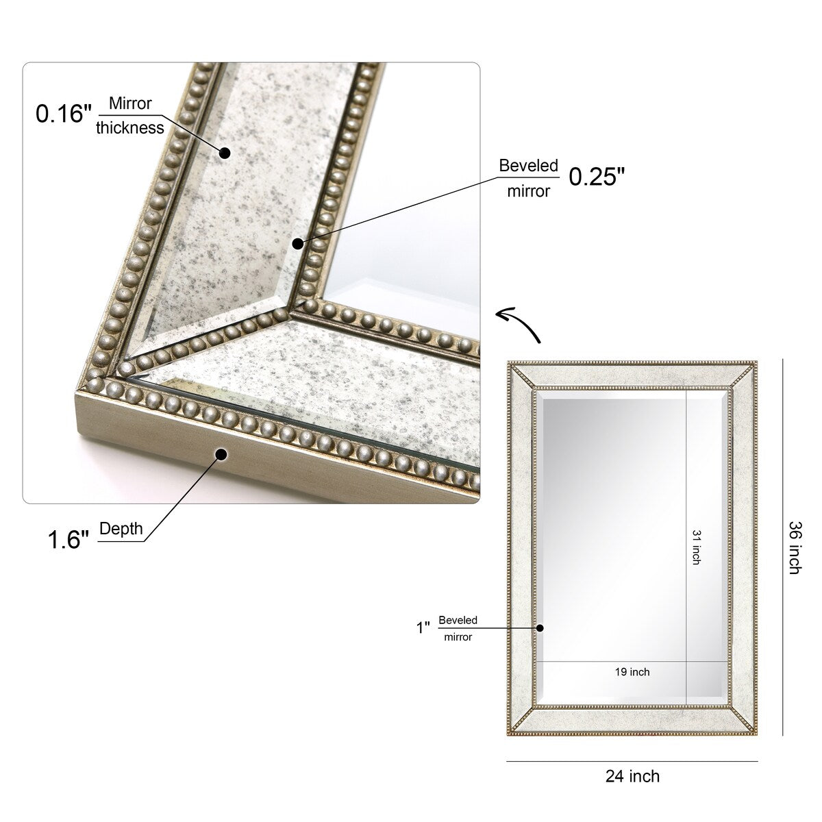 Champagne Bead Beveled Rectangular Wall Mirror - Clear