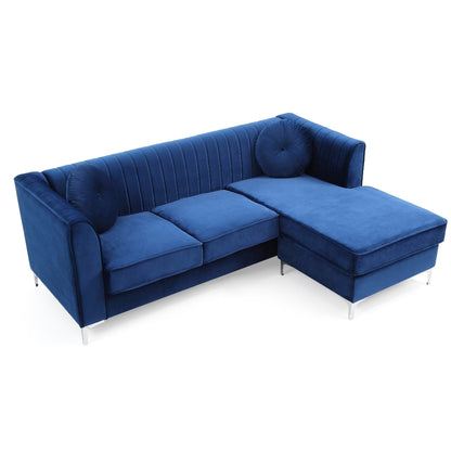 Channel Tufted Velvet L Shape Sectional Sofa with Throw Pillows - 87 - Blue