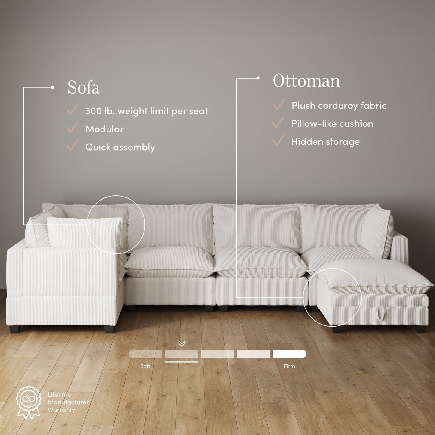 Chelsea Modern Cloud Modular Upholstered Sofa with Deep Seat and Plush Cushions