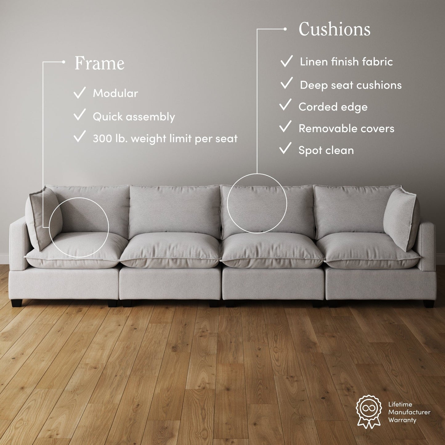 Chelsea Modern Cloud Modular Upholstered Sofa with Deep Seat and Plush Cushions
