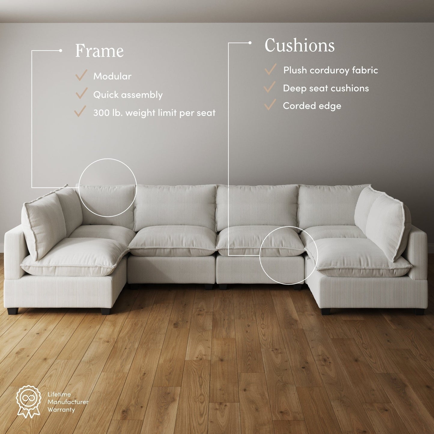 Chelsea Modern Cloud Modular Upholstered Sofa with Deep Seat and Plush Cushions