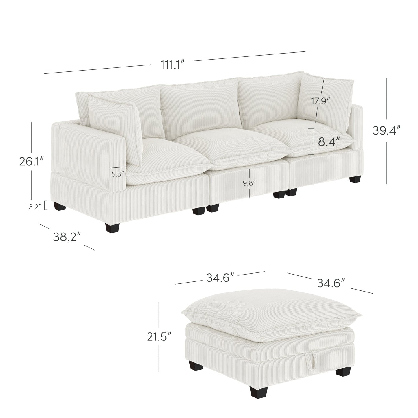 Chelsea Modern Cloud Modular Upholstered Sofa with Deep Seat and Plush Cushions